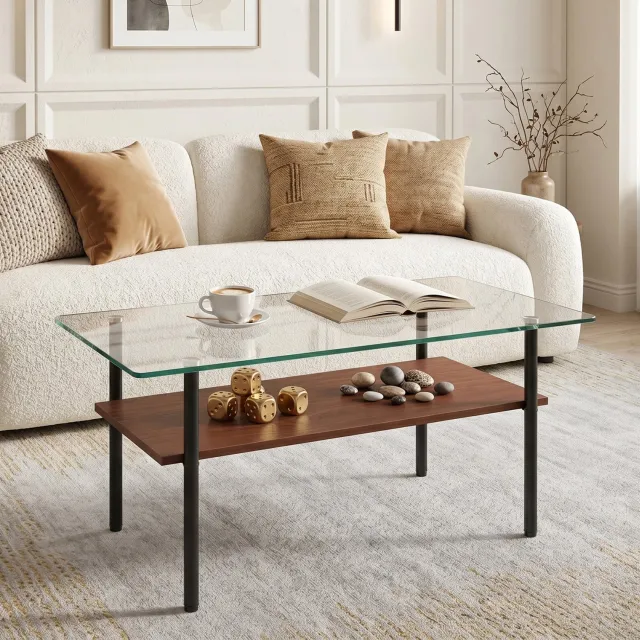 MEUNIQ rechthoekige salontafel 97,7 x 57,7 x 45 cm met blad van gehard glas, MDF-onderblad in houtlook en zwart metalen frame voor de woonkamer