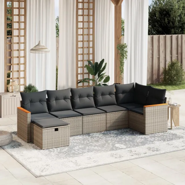 vidaXL 7-delige Loungeset met kussens poly rattan grijs, foto 2