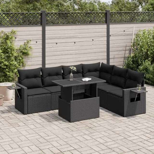 vidaXL 7-delige Loungeset met kussens poly rattan zwart, foto 2