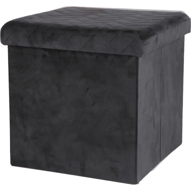 Urban Living Poef - hocker - opbergbox zit krukje - velvet zwart - polyester/mdf - 38 x 38 cm - opvouwbaar