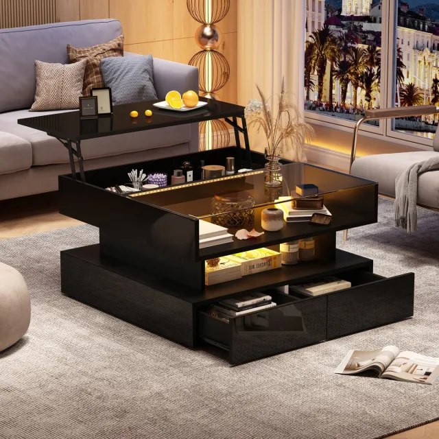MUVANO Zwarte salontafel met led - In hoogte verstelbare koffietafel - Vierkante salontafel 80x80 cm - Met opbergruimte - 80x80x45cm - Lift - Woonkamer Zwart