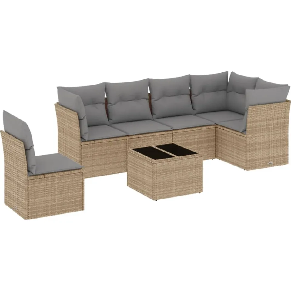 vidaXL 7-delige Loungeset met kussens poly rattan beige