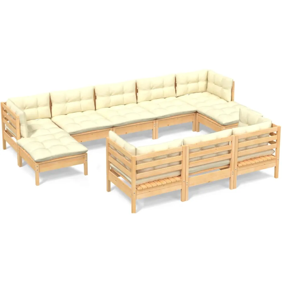 vidaXL 10-delige Loungeset met crèmekleurig kussens massief grenenhout