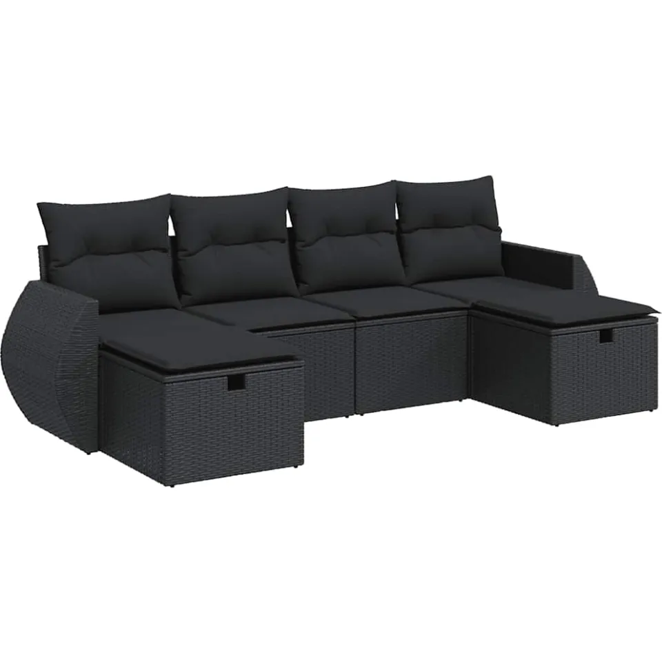 vidaXL 6-delige Loungeset met kussens poly rattan zwart, foto 3