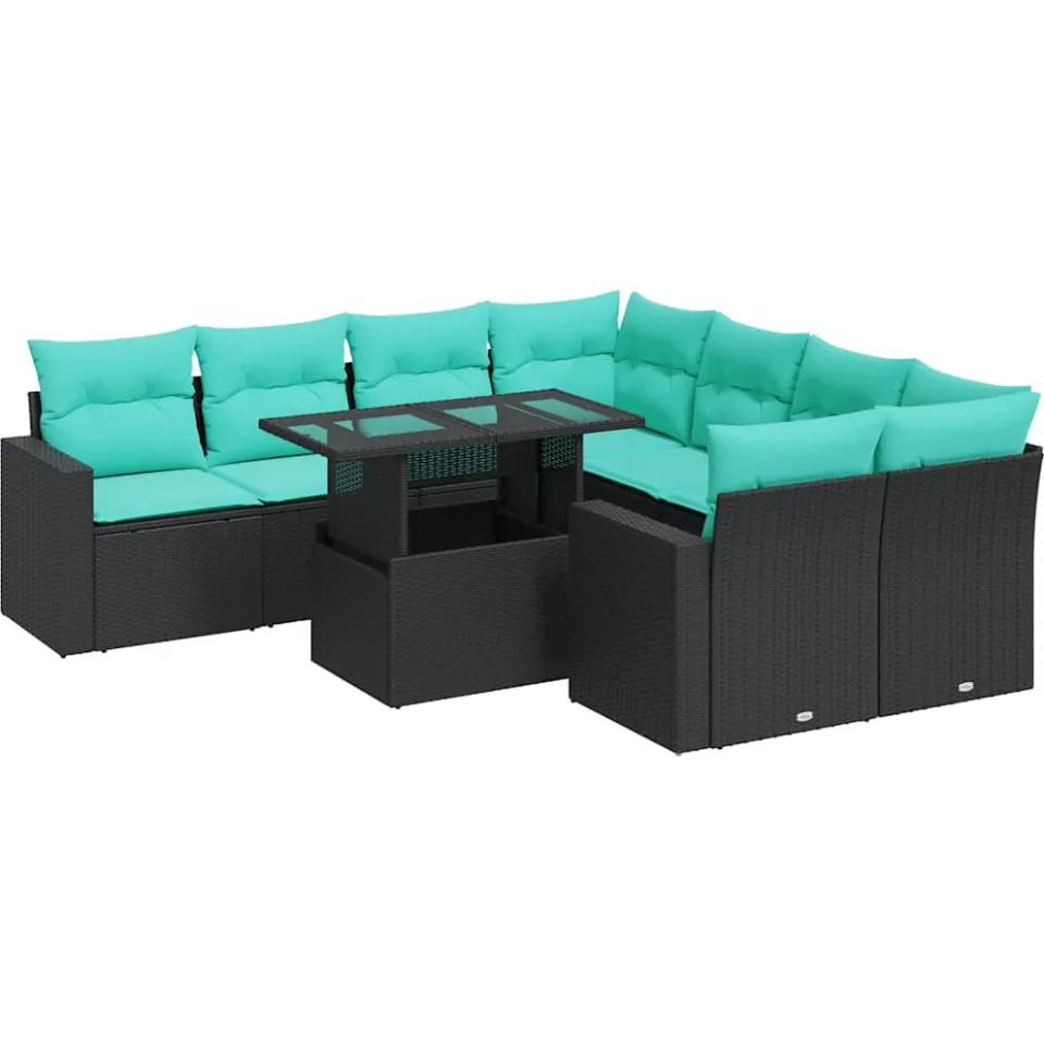 vidaXL 9-delige Loungeset met kussens poly rattan acacia zwart