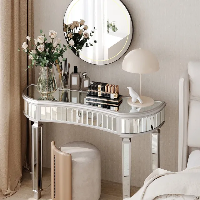 REDOM Sidetable - Halvemaanvormig - Met lade - Moderne stijl - Hal, woonkamer of kleedkamer - MDF en glas - Grijs en Zilver - 120 x 38 x 78 cm