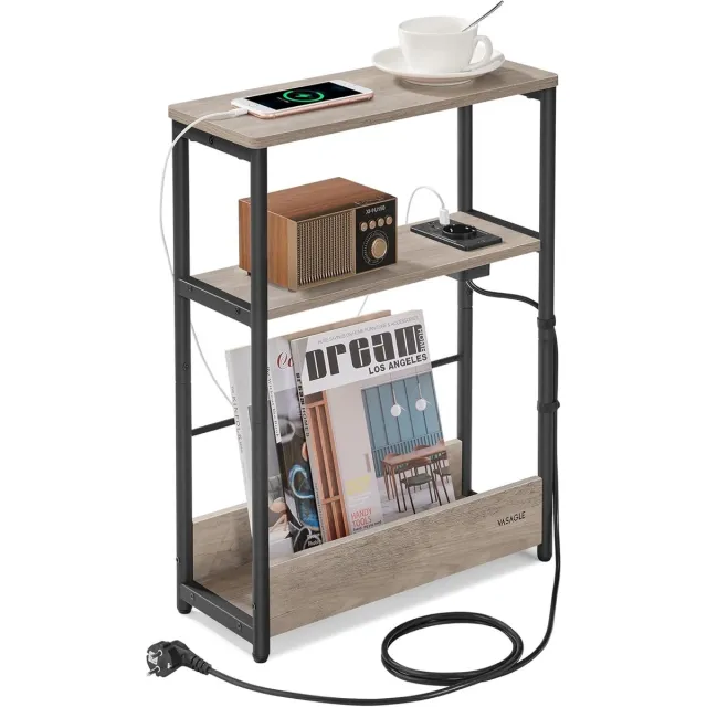FurnStar Smalle bijzettafel – Nachtkastje met oplaadfunctie – 3 planken & tijdschriftenhouder – 18 x 45 x 58 cm – Greige gemêleerd-inktzwart