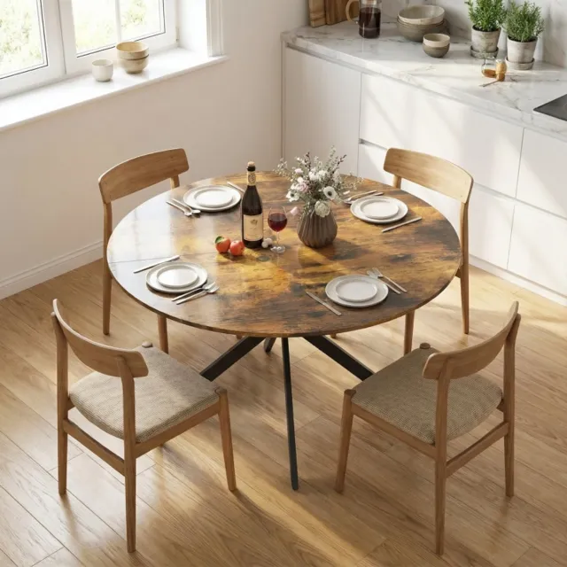 Wishdor Ronde Eettafel - Industriële Spinpoot - Rustiek Bruine Houtlook - Zwart Metaal - Ø 120 x 75 cm