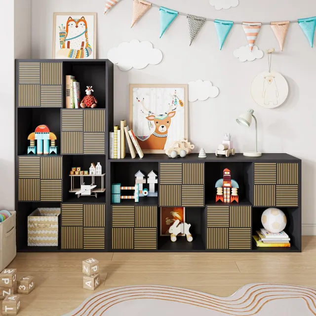 ROSAHQNDA Boekenkast, kinderboekenkast met 8 kubusvormige vakken, 4 deuren, 4 open planken, opbergkast voor kinderkamer, slaapkamer, kantoor, woonkamer, modulaire kast, vitrinekast Zwart