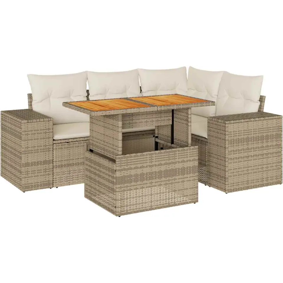 vidaXL 5-delige Loungeset met kussens poly rattan beige, foto 3