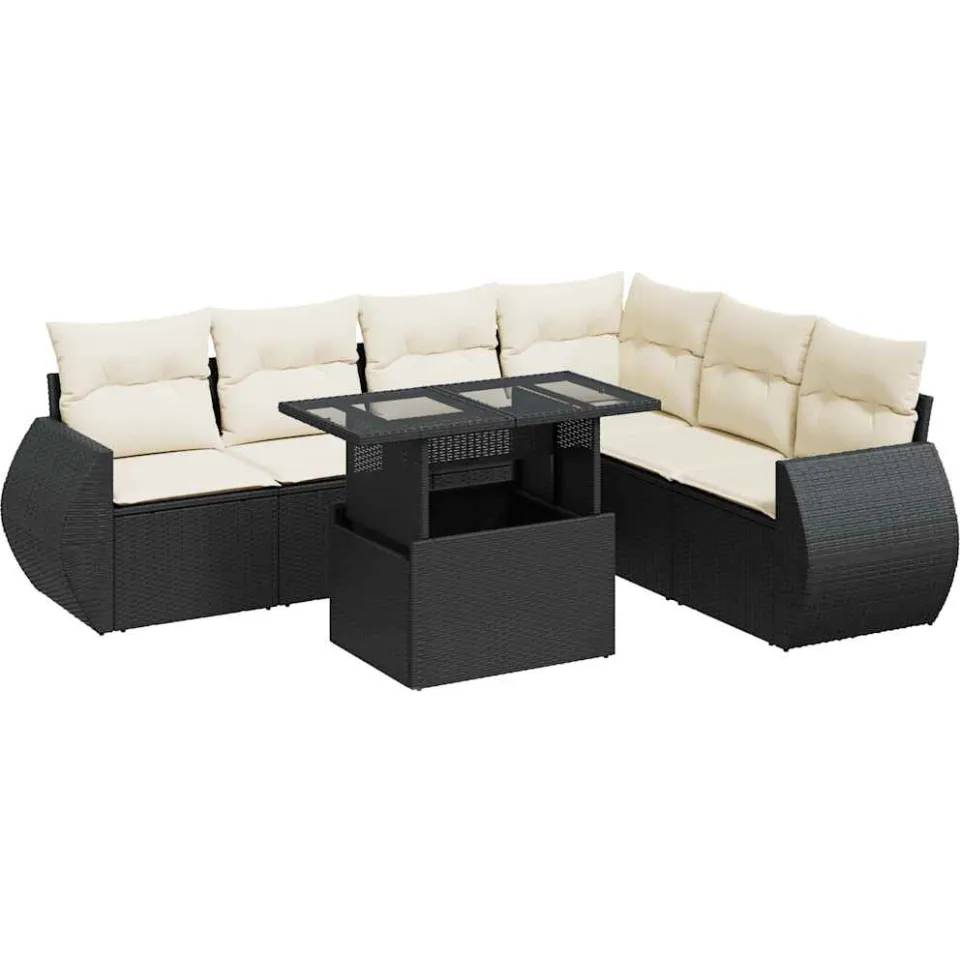 vidaXL 7-delige Loungeset met kussens poly rattan zwart, foto 3