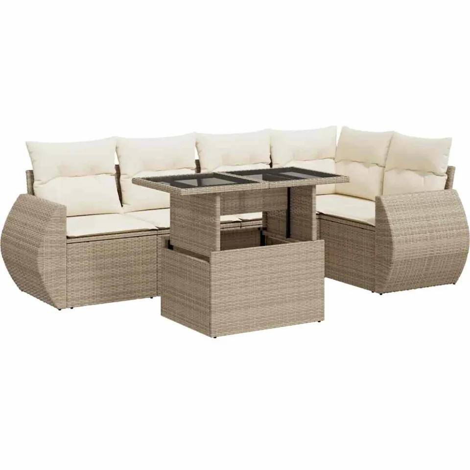 vidaXL 6-delige Loungeset met kussens poly rattan beige, foto 3