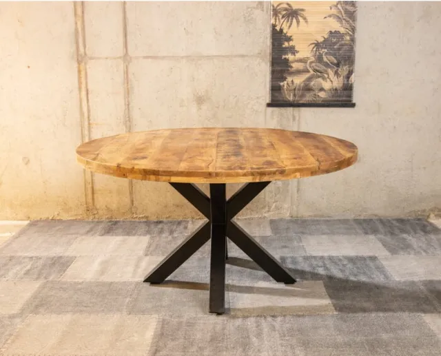 Meubelplaats Ronde Mango Eettafel Spider 140x140x77 cm - Industrieel Design - Massief Mangohout Bruin