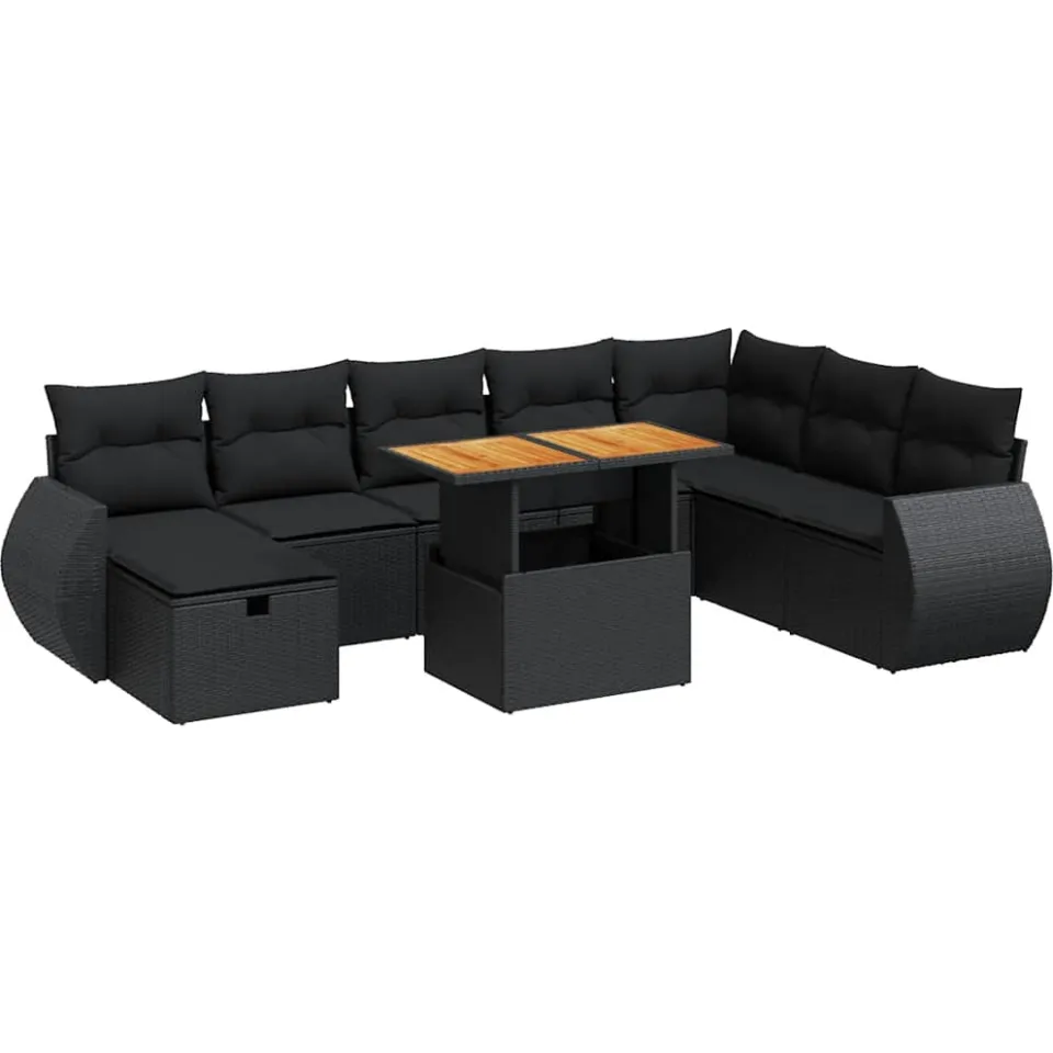 vidaXL 9-delige Loungeset met kussens poly rattan acacia zwart, foto 3