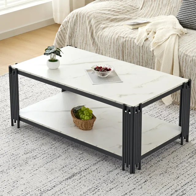 HAUSS SPOLE Salontafel - Marmerlook Tafelblad Met 2 Planken - Modern Voor Woonkamer - MDF En Metaal - 114x64x46 Cm - Wit Zwart