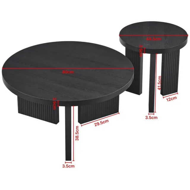 STILVORA Salontafel Set Van 2 – Rond Modern Design Met Geribbelde Poten – Voor Woonkamer, Slaapkamer En Kantoor – Zwart MDF – 80x80x42 Cm