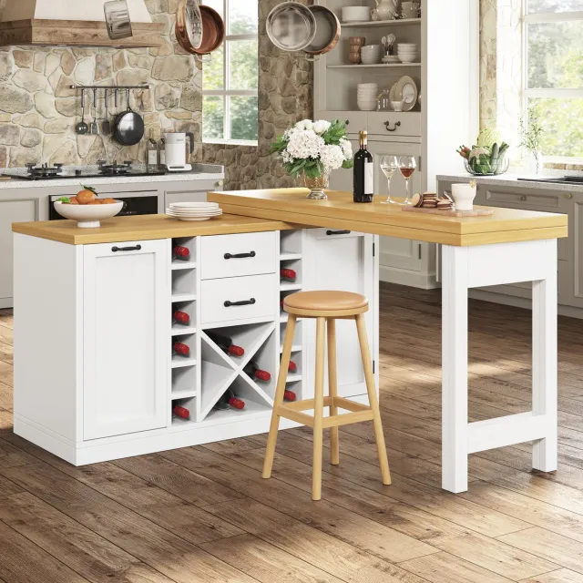 OKWISH Eettafel - 360° Draaibaar En Uitschuifbaar Keukeneiland - 120-223 x 40 x 73,8 cm - Met 2 Lades En Opbergruimte - MDF Wit