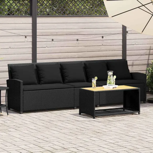 vidaXL Tuinbank 5-zits met kussens poly rattan zwart