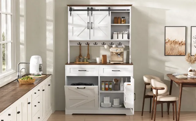 MIVRAY Keukenkast - Schuifdeuren en 2 Laden - Werkblad met 6 Haken voor de Keuken - MDF - Wit met Donkere Houtlook - 100x39,5x180,1 cm