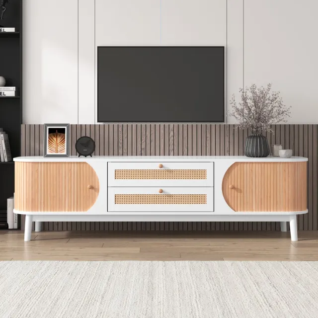 Sweiko TV Kast, Natuurlijke Houten Blend TV Kast met Deuren en Lades, TV standaard met rotan zijkanten, Opslagoplossing, natuurlijke landelijke stijl Wit en Natuurlijke