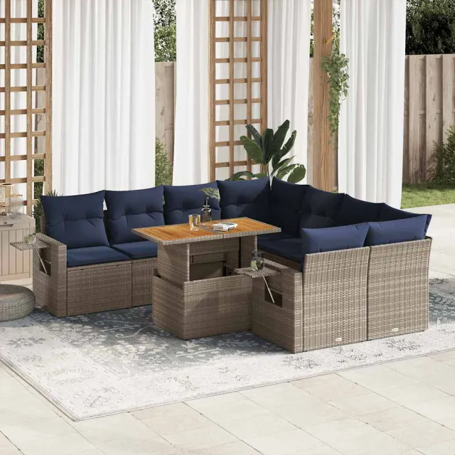 vidaXL 9-delige Loungeset met kussens poly rattan grijs, foto 2