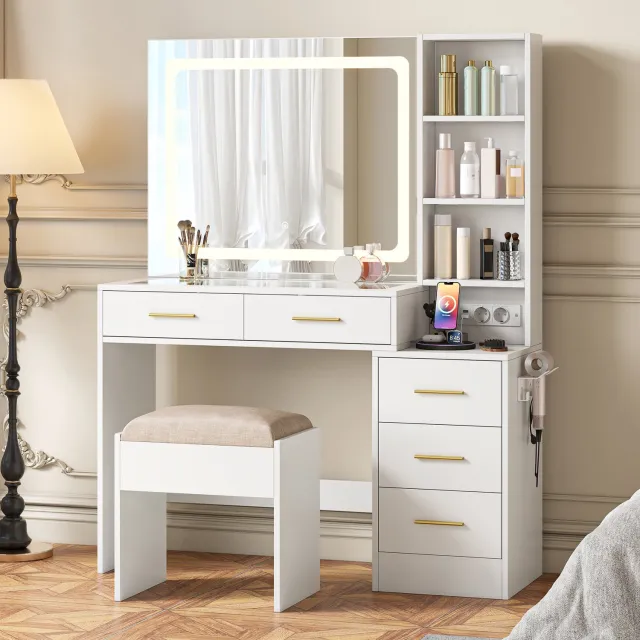 ROSAHQNDA Kaptafel 110x36x140 cm, make-uptafel met spiegel, glazen blad, verstelbare LED-verlichting, 5 lades, stopcontacten, 4 open vakken, föhnhouder en gestoffeerde kruk, wit