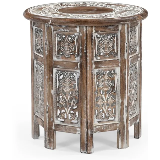 Famanu Handgesneden ronde bijzettafel van oosters mangohout, rustieke vintage look, ideaal als decoratie of nachtkastje, stabiel en duurzaam, 45 x 45 x 45 cm Naturel