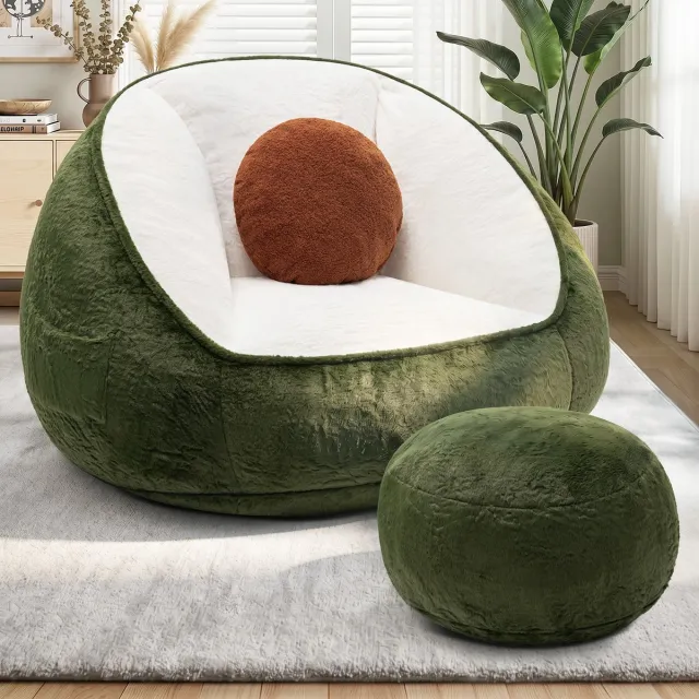 Hommpa XXL Zitzak met Voetenbank Avocadogroen – Memory Foam Relaxstoel met Rugleuning – Kunstkonijnenbont Hoes – Inclusief Kussen & Zijvak – 120×110×80 cm Avocadogroen met Voetenbank