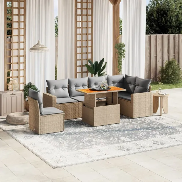 vidaXL 7-delige Loungeset met kussens poly rattan beige, foto 2
