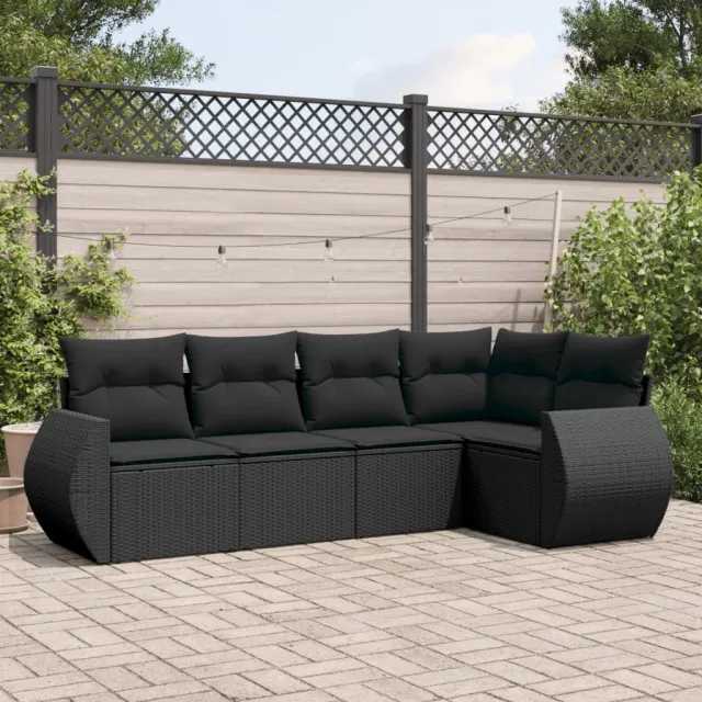 vidaXL 5-delige Loungeset met kussens poly rattan zwart, foto 2