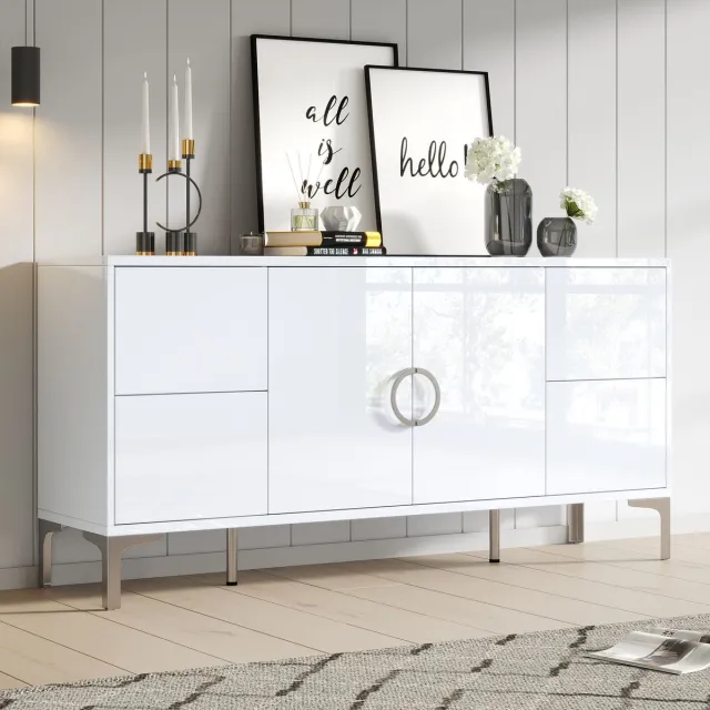 HAUSS SPOLE Dressoir - Hoogglans Met 4 Greeploze Lades En 2 Deuren - Opbergkast Voor Woonkamer En Eetkamer - MDF Wit - 150x38x59,5 Cm