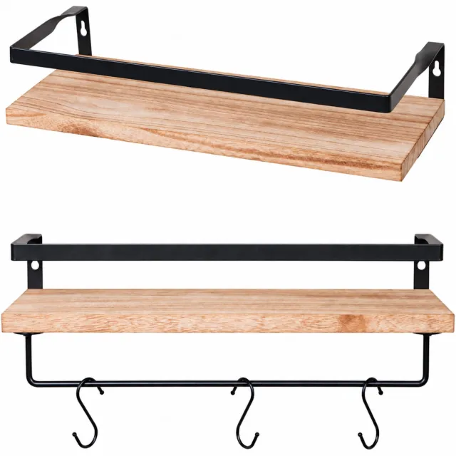 Kroon Houten Wandrek – Wandplank - Zwevende - Set van 2 – Inclusief 8 Haken & Bevestigingsmateriaal – 40x15 cm – Eenvoudig te monteren Bruin