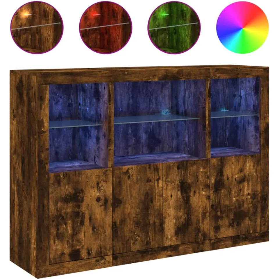 vidaXL Dressoirs met LED-verlichting 3 st bewerkt hout gerookt eiken Bruin