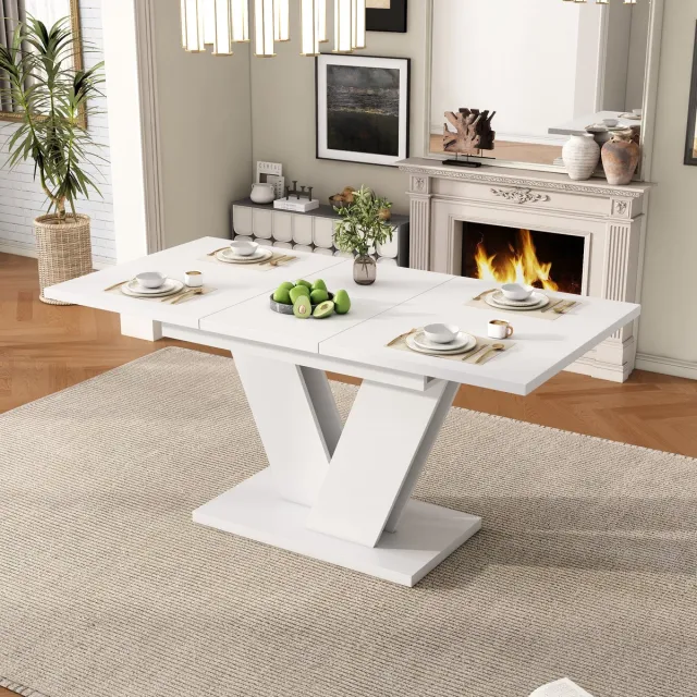 Zubaliya Uitbreidbare Eettafel 120/160x80 cm - Rechthoekige Tafel Met V-vormige Poten - MDF Wit