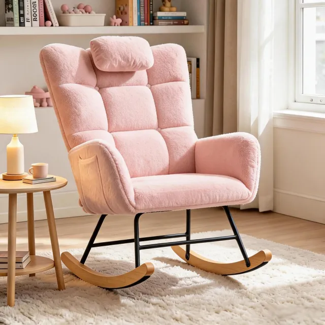 Danky Ergonomische Schommelstoel Met Hocker - Hoge Rug, Zacht Kussen, Stalen Frame Met Houten Schommelpoten - Lichtroze