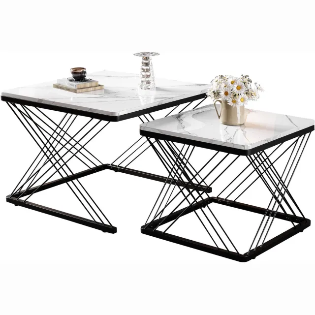Merax 2-delige Salontafel Set – Vierkant – Bijzettafels - Hoogglans Marmerlook Tafelbladen – Verstelbare Poten – Wit met Zwart