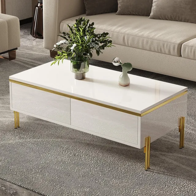 KOMHTOM BLACKCOLORS Moderne, glanzende salontafel, elegante bijzettafel, multifunctioneel, woonkamermeubel, 100 x 50 x 36 cm (lengte x breedte x hoogte) Wit