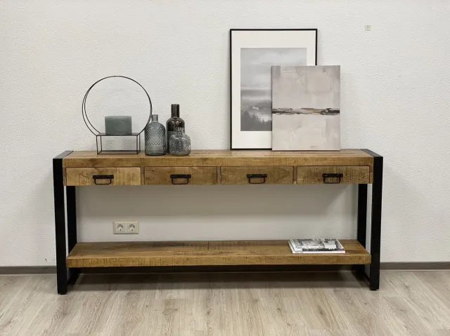 The Copperbarn Britt Mangohouten Sidetable wandkast industrieel 180cm 4 lades Multi