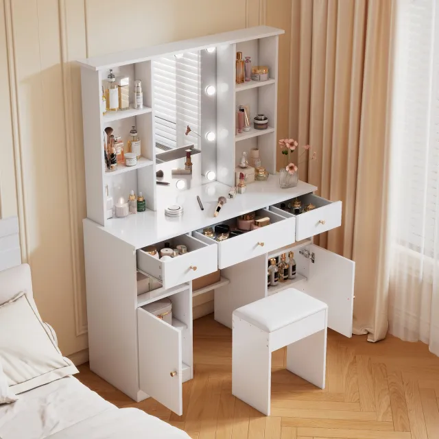 DESMIU Kaptafel Met Verstelbare Ledverlichting En Spiegel Voor Slaapkamer En Make Up Hoek Van Spaanplaat Wit 110 X 40 X 151 Cm
