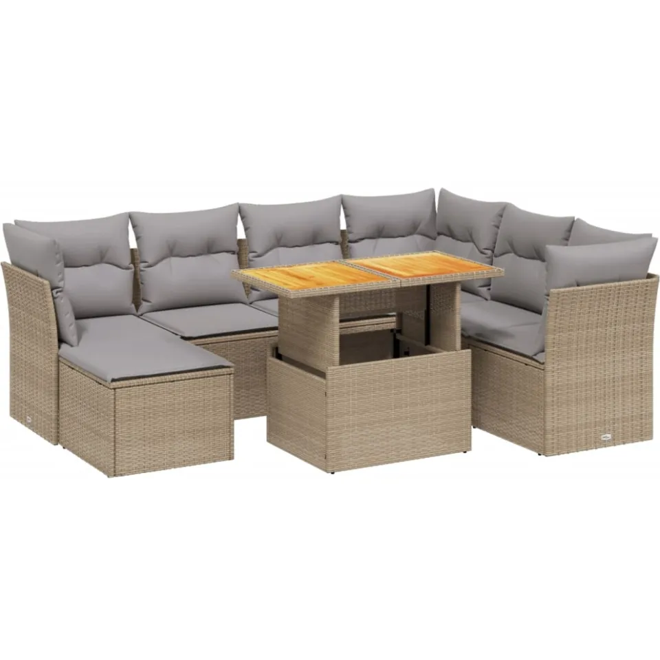 vidaXL 8-delige Loungeset met kussens poly rattan beige