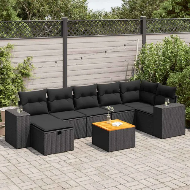 vidaXL 8-delige Loungeset met kussens poly rattan zwart, foto 2