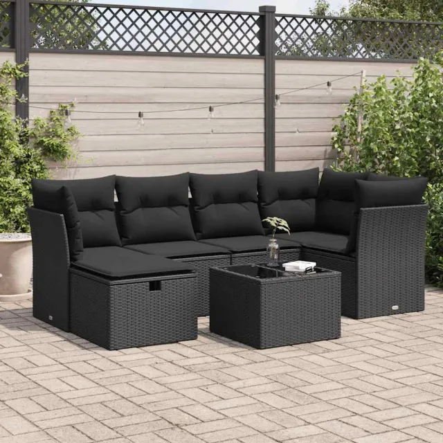 vidaXL 7-delige Loungeset met kussens poly rattan zwart, foto 2