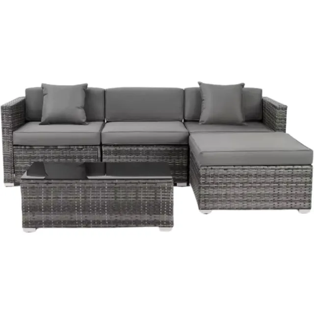 Bolt Edge Polyrotan Lounge Tuinset voor 4 Personen - 5-delige Tuinmeubelen Set met Hoekbank en Salontafel - Incl. Kussens voor Patio & Tuin - Donkergrijs