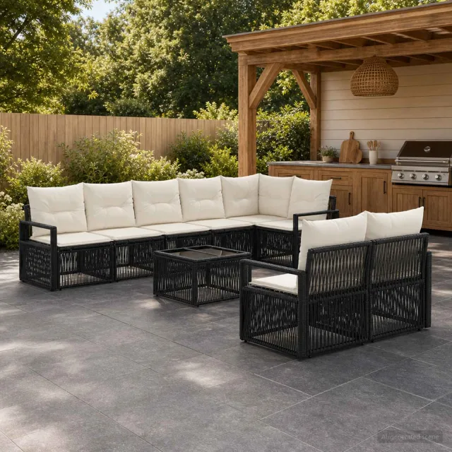 vidaXL Tuinbankenset 9 st Zwart poly rattan, foto 2