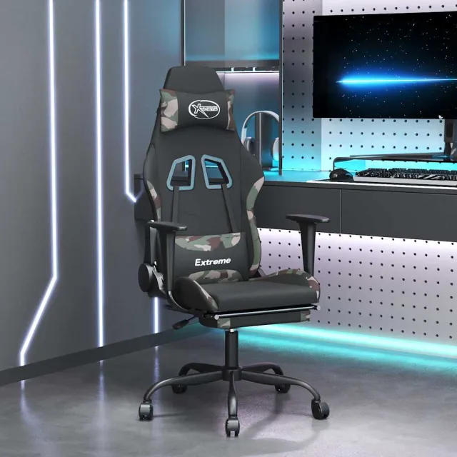 vidaXL Massage gamestoel met voetensteun stof zwart en blauw, foto 2
