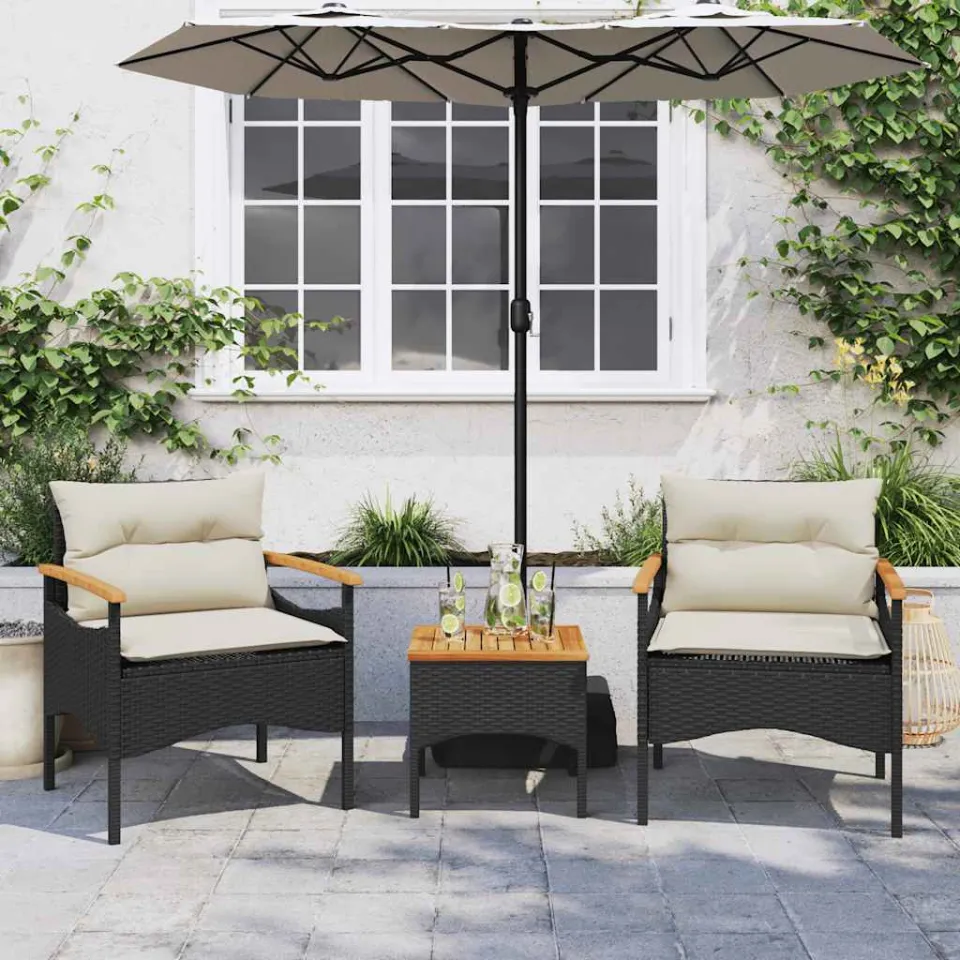 vidaXL 3-delige Loungeset met kussens poly rattan zwart, foto 2