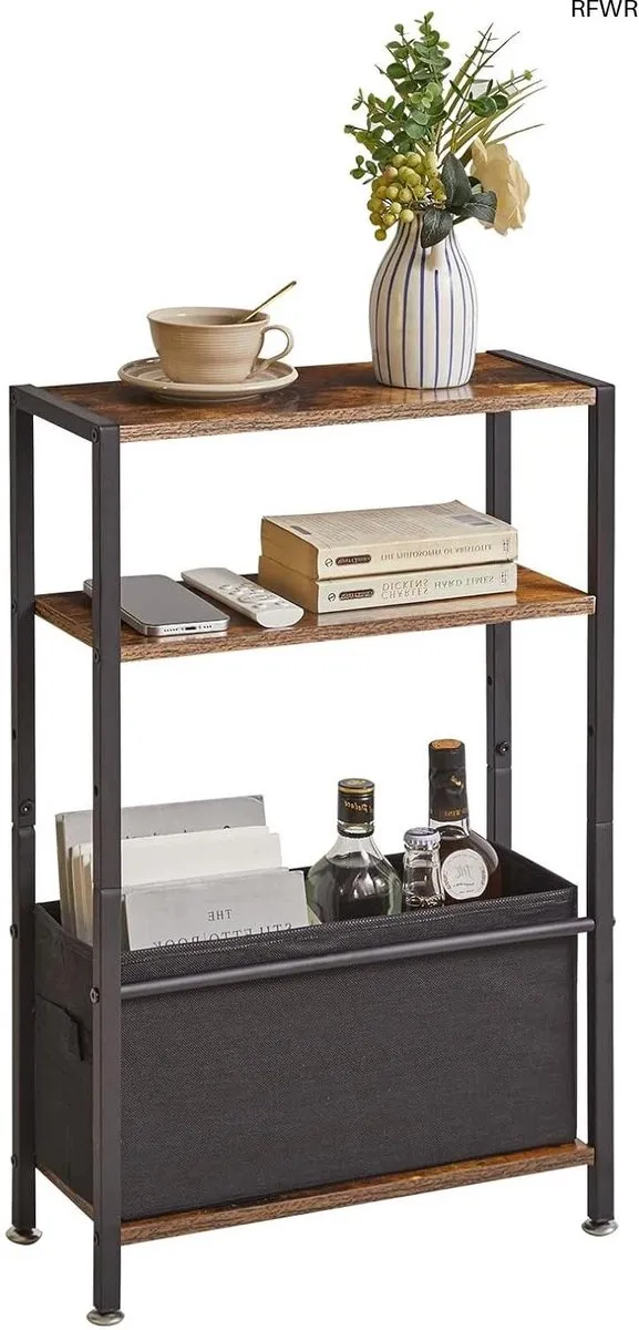 RFWR Smalle Bijzettafel met Opbergplank en 3 Niveaus - Perfect voor Kleine Ruimtes Rustiek Bruin