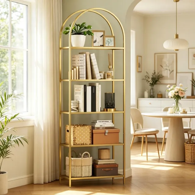 FloraGrace Boekenkast Boogvormig – 60 x 30 x 175 cm – Staal en Gehard Glas – Goud – Vijf Open Planken voor Woonkamer en Kantoor – Met Kantelbeveiliging