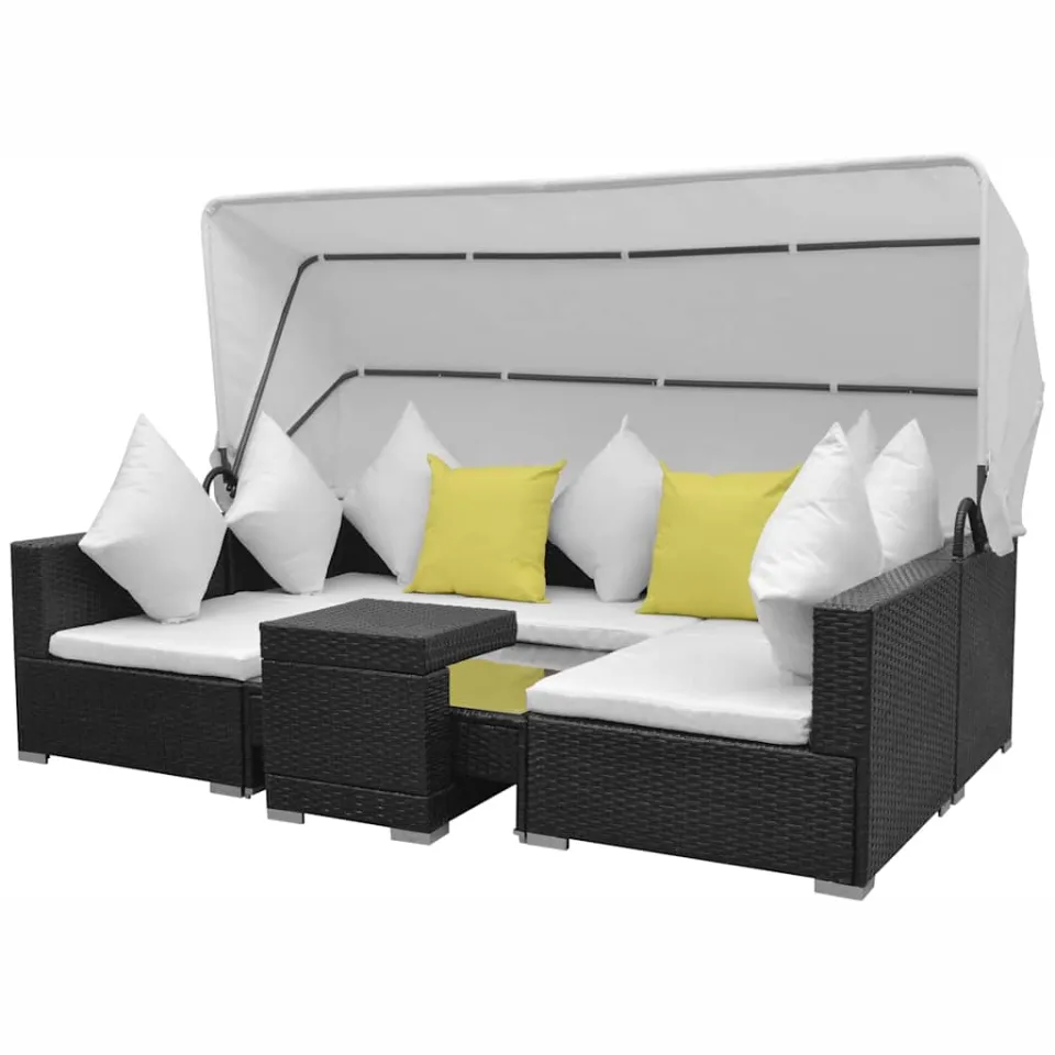 vidaXL 7-delige Loungeset met luifel poly rattan zwart, foto 2