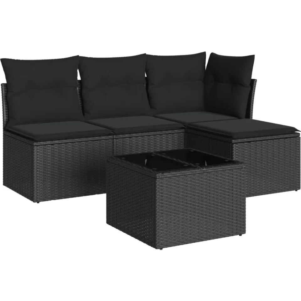 vidaXL 5-delige Loungeset met kussens poly rattan zwart, foto 3